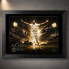 Mitchell Starc cricket wall art shown in a premium black frame against a dark gallery wall.