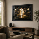 Black framed Mitchell Starc cricket wall art displayed above a timber console in a premium living room.