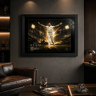Mitchell Starc cricket wall art in a black frame displayed in a dark premium man cave with warm lighting.