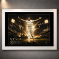 Mitchell Starc cricket wall art presented in a clean white frame against a dark gallery wall.