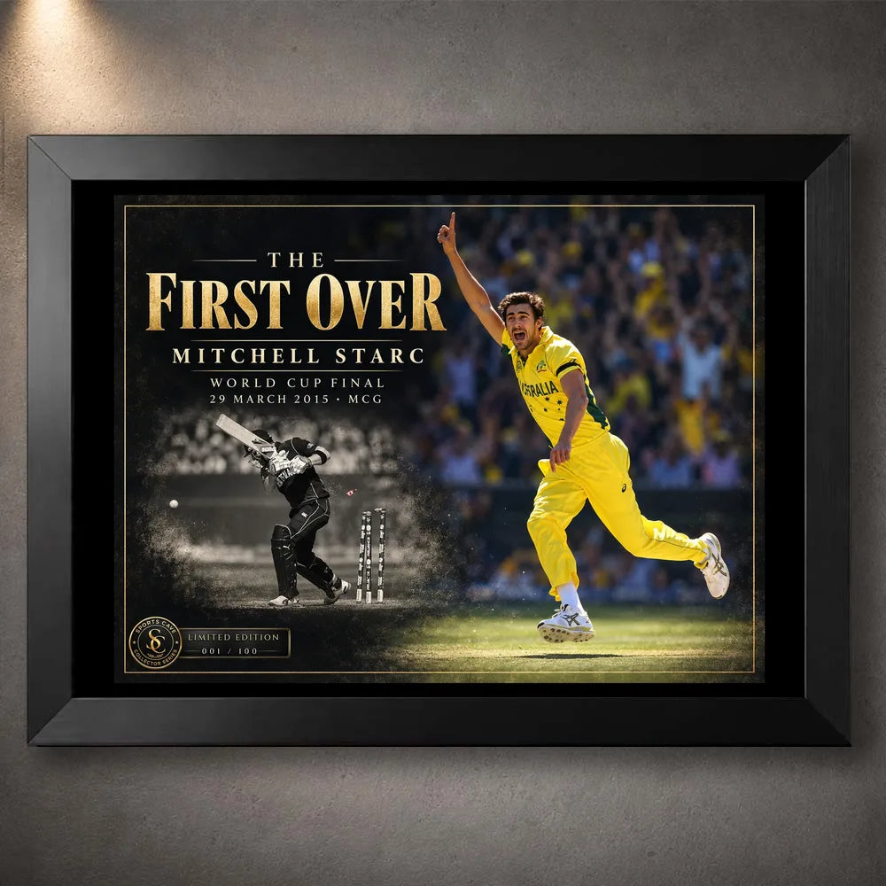 Mitchell Starc The First Over cricket wall art in a black frame, marking the 2015 World Cup Final at the MCG.