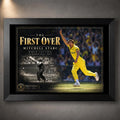 Mitchell Starc The First Over cricket wall art in a black frame, marking the 2015 World Cup Final at the MCG.