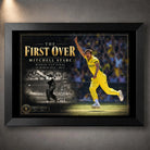 Mitchell Starc The First Over cricket wall art in a black frame, marking the 2015 World Cup Final at the MCG.