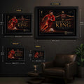Mohamed Salah wall art size guide showing small, medium, large and XL framed options with metric and inch dimensions.