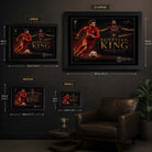 Mohamed Salah wall art size guide showing small, medium, large and XL framed options with metric and inch dimensions.