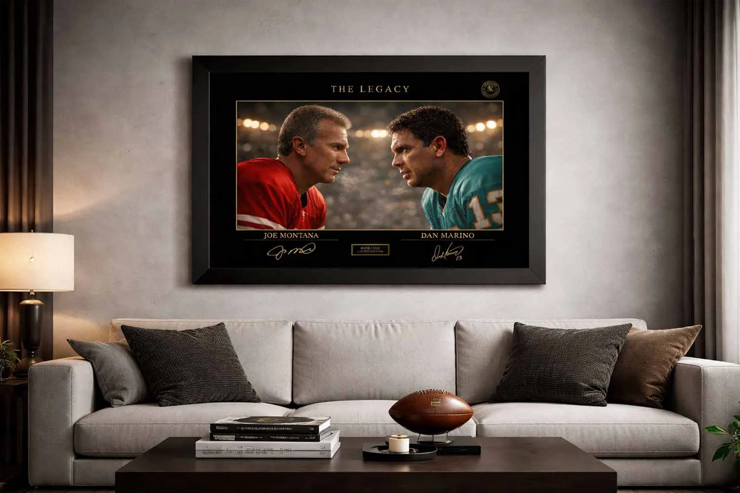 Joe Montana and Dan Marino framed sports wall art displayed above sofa in modern living room, ideal man cave wall décor