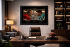 Joe Montana vs Dan Marino framed sports memorabilia showcased in luxury office setting with warm lighting and football accents