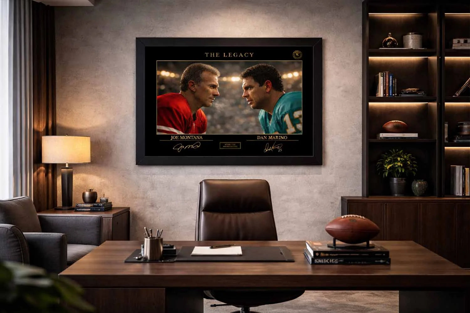 Joe Montana vs Dan Marino framed sports memorabilia showcased in luxury office setting with warm lighting and football accents