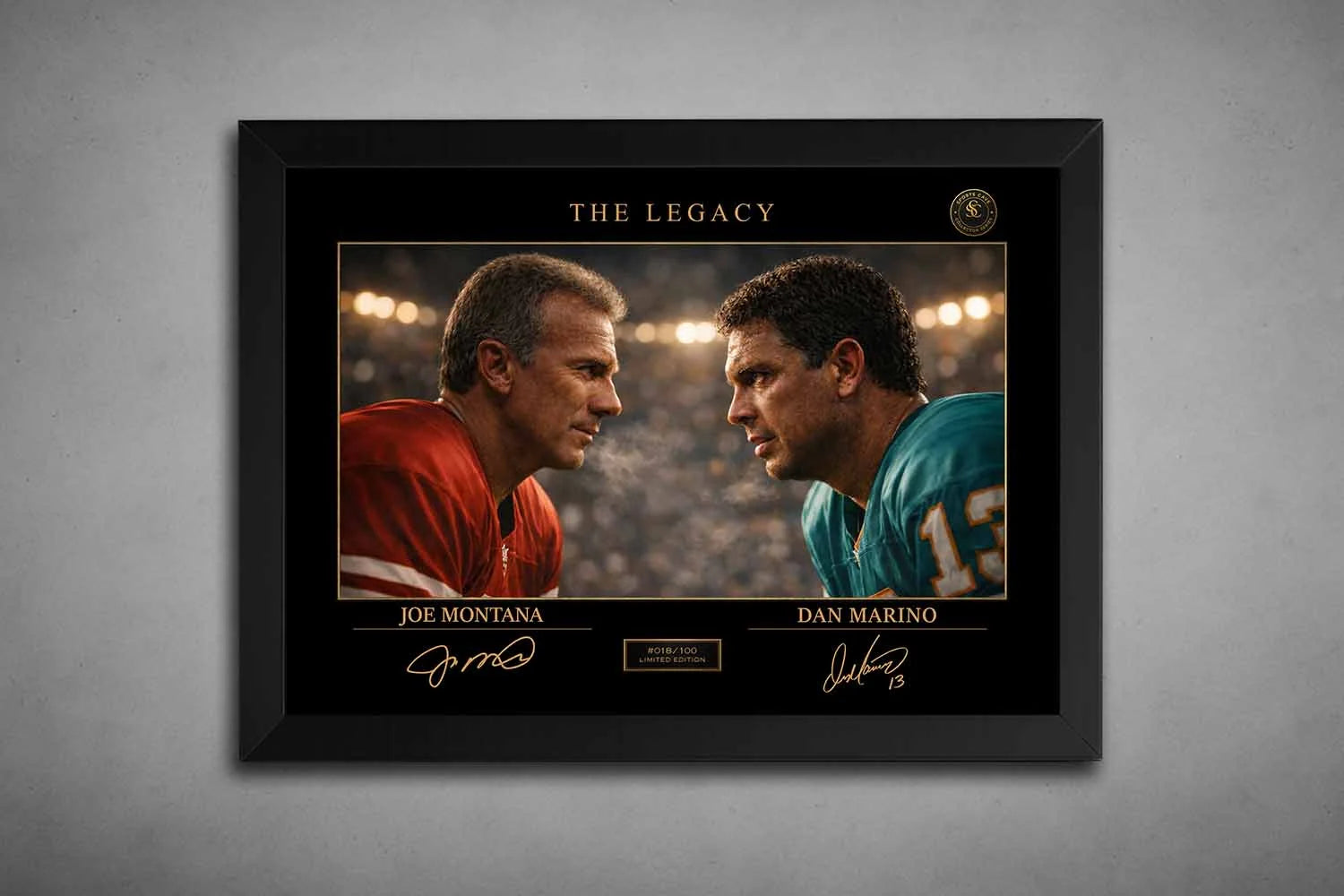 Joe Montana vs Dan Marino The Legacy artwork in black frame, premium sports collectibles capturing iconic NFL quarterback rivalry