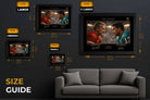 NFL wall art size guide showing Joe Montana vs Dan Marino framed sports art in multiple sizes for perfect wall placement