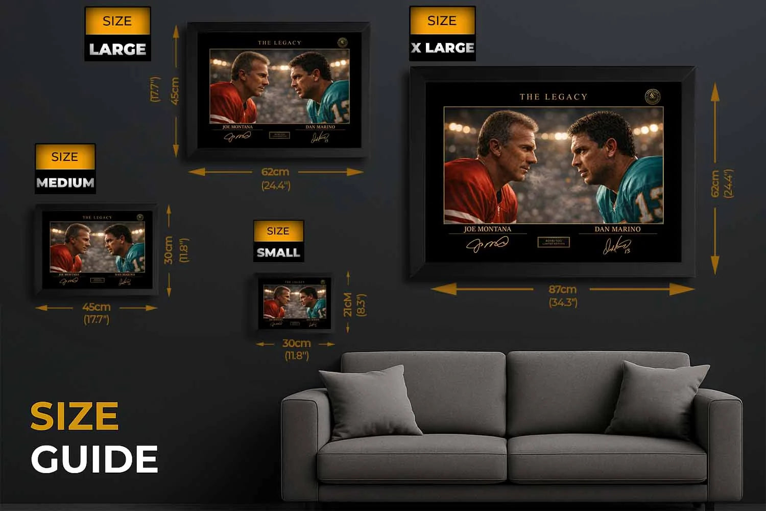 NFL wall art size guide showing Joe Montana vs Dan Marino framed sports art in multiple sizes for perfect wall placement