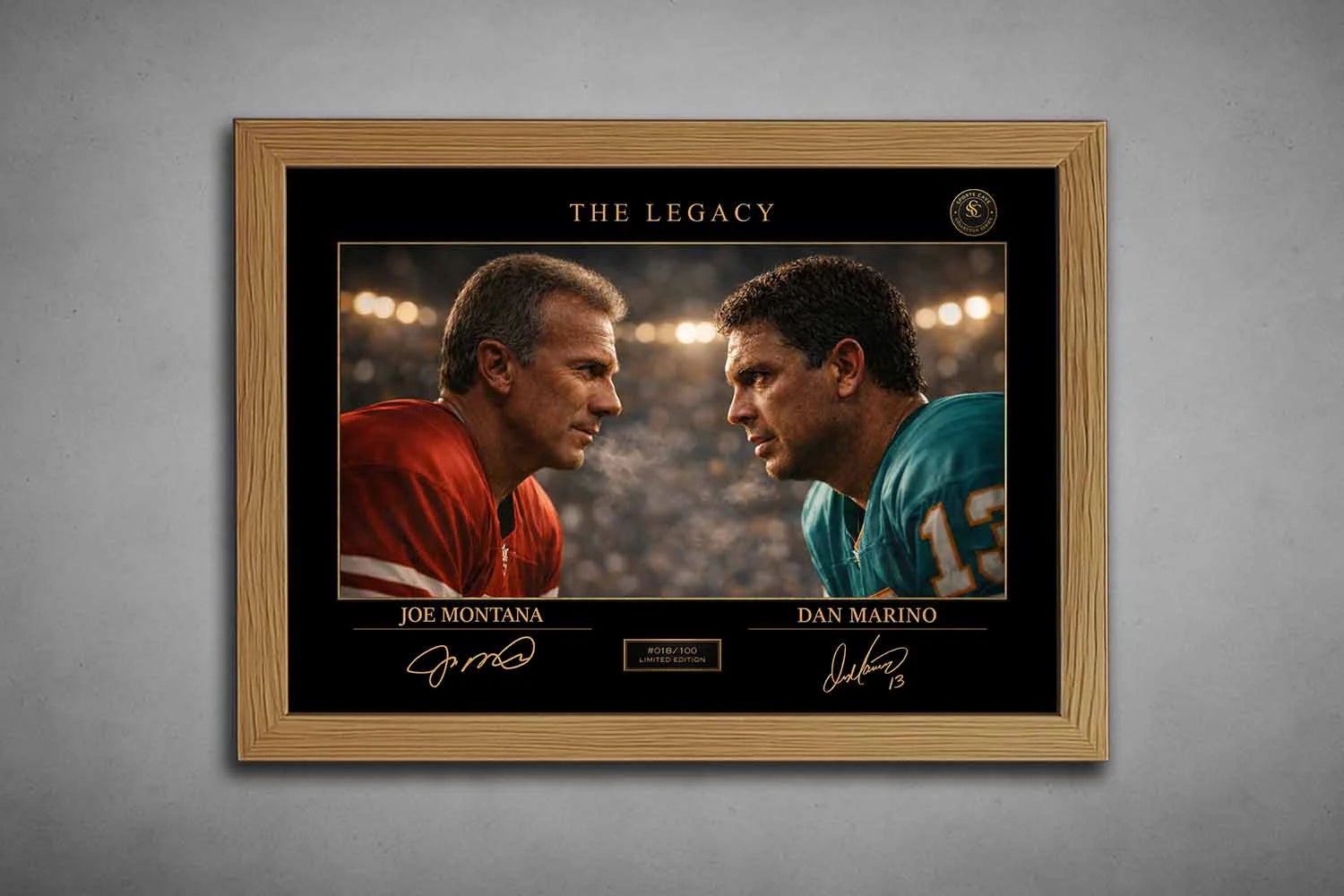Joe Montana vs Dan Marino rivalry artwork in oak frame finish, premium sports collectibles for dedicated football fans