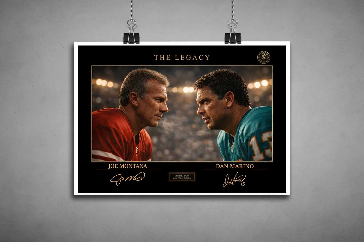 Unframed Joe Montana vs Dan Marino sports wall art print featuring The Legacy design for NFL collectors and enthusiasts