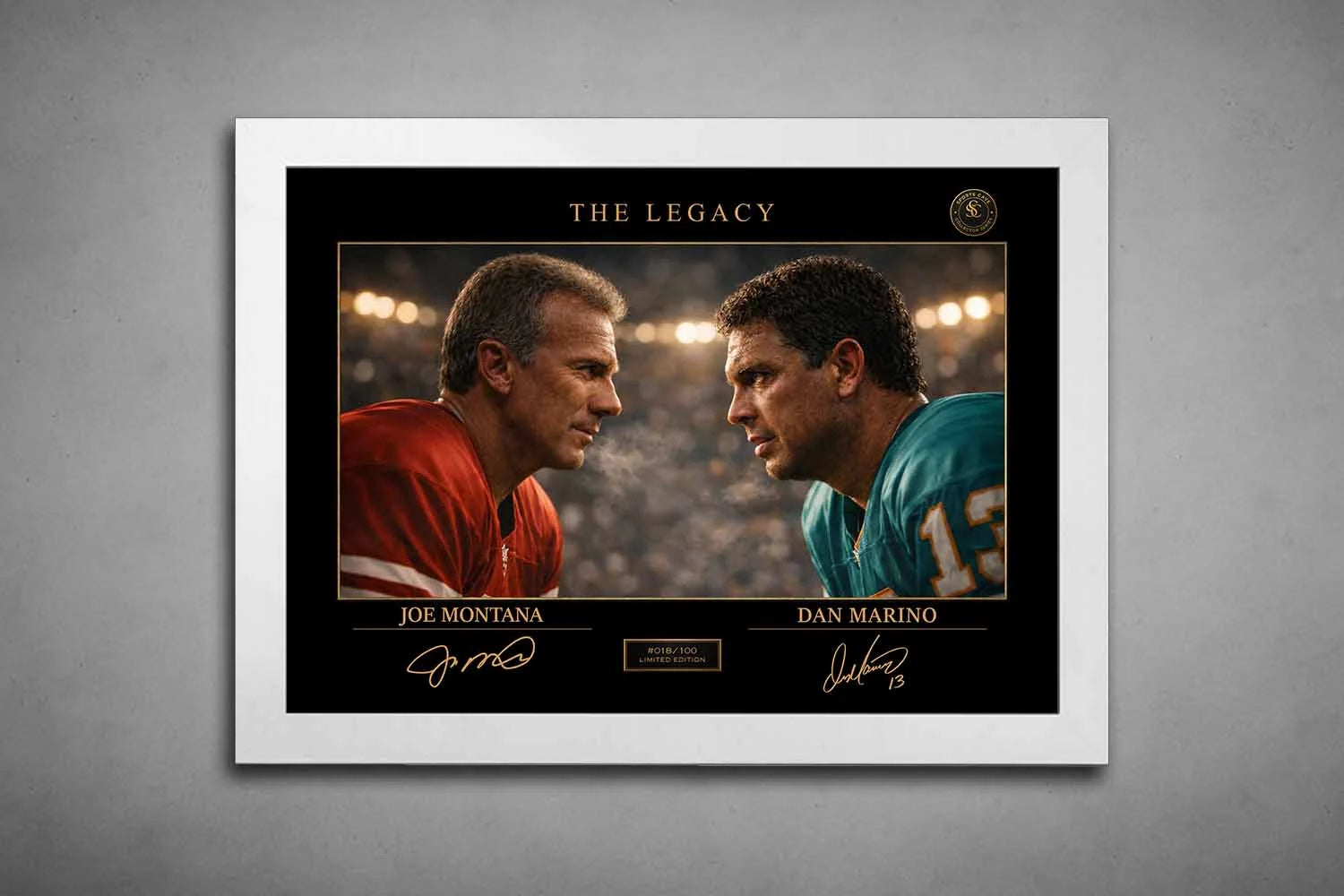 Joe Montana and Dan Marino The Legacy artwork in white frame, framed sports art highlighting legendary quarterback rivalry