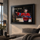 Carey Price wall art displayed in a warm living room beside a fireplace, styled for a modern hockey fan space.