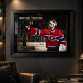Carey Price wall art displayed on a dark man cave wall with lounge seating and focused ambient lighting.