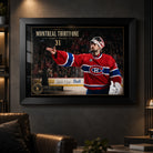 Carey Price wall art displayed on a dark man cave wall with lounge seating and focused ambient lighting.