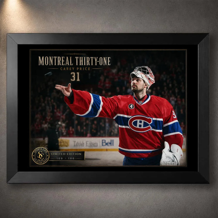 Black framed Carey Price hockey wall art featuring the Montreal Thirty-One design for a dedicated hockey collection.