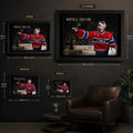 Carey Price wall art size guide showing Small, Medium, Large and X Large framed dimensions in centimetres and inches.