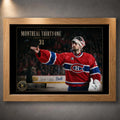 Oak framed Carey Price hockey wall art featuring the Montreal Thirty-One design against a dark gallery wall.