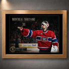 Oak framed Carey Price hockey wall art featuring the Montreal Thirty-One design against a dark gallery wall.
