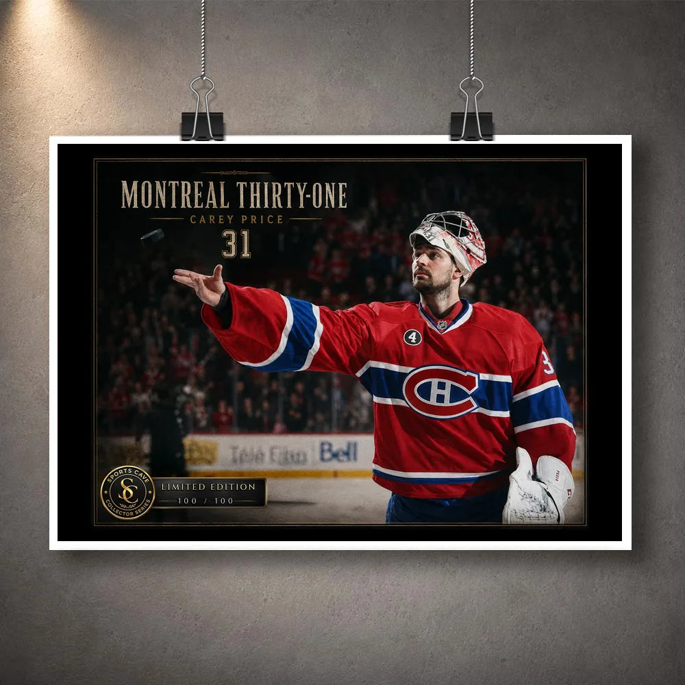 Unframed Carey Price hockey wall art with the Montreal Thirty-One design suspended against a dark gallery wall.