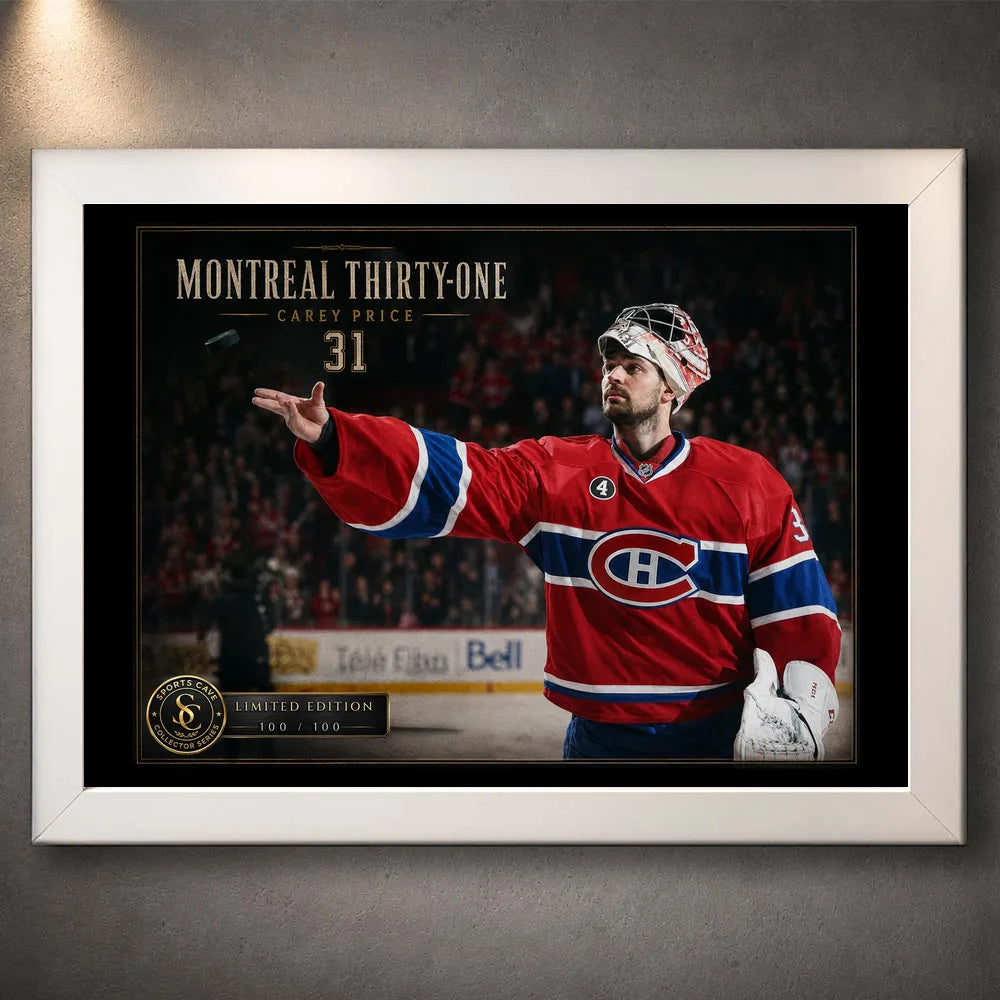 White framed Carey Price hockey wall art featuring the Montreal Thirty-One design against a dark gallery wall.