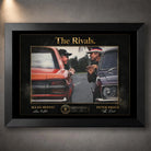 Motorsport rivalry wall art in a black frame with gold typography and racing artwork