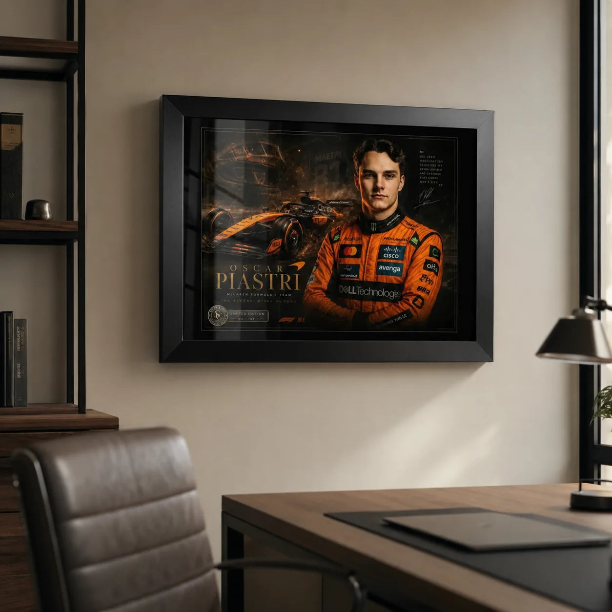 Motorsport wall art in a black frame displayed on a premium office wall above a desk and leather chair.