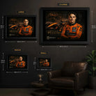 Framed motorsport wall art size guide showing small, medium, large and extra large frame dimensions.