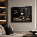 Muhammad Ali framed sports wall art displayed in a bright premium living room with neutral furnishings and natural light.