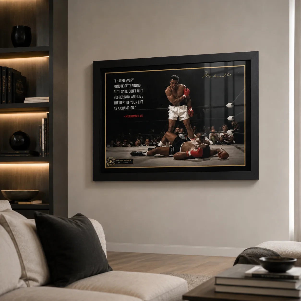 Muhammad Ali framed sports wall art displayed in a bright premium living room with neutral furnishings and natural light.