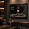 Muhammad Ali framed sports wall art displayed in a dark premium man cave with leather seating and warm feature lighting.