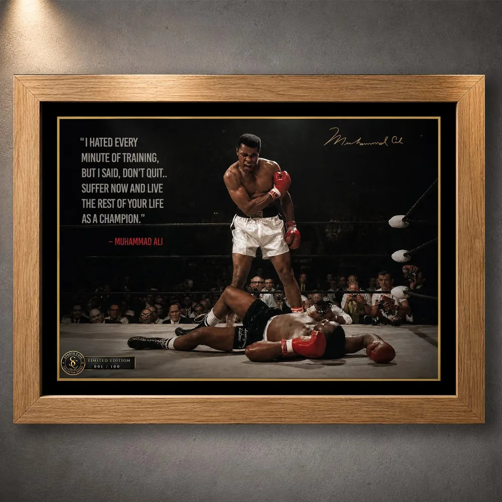 Muhammad Ali Live Like a Champion wall art in an oak frame, featuring the iconic knockout scene and motivational quote.