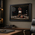 Muhammad Ali framed sports wall art displayed above a timber desk in a refined home office with dark shelving.