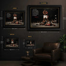 Muhammad Ali Live Like a Champion wall art size guide showing Small, Medium, Large and X Large framed options.