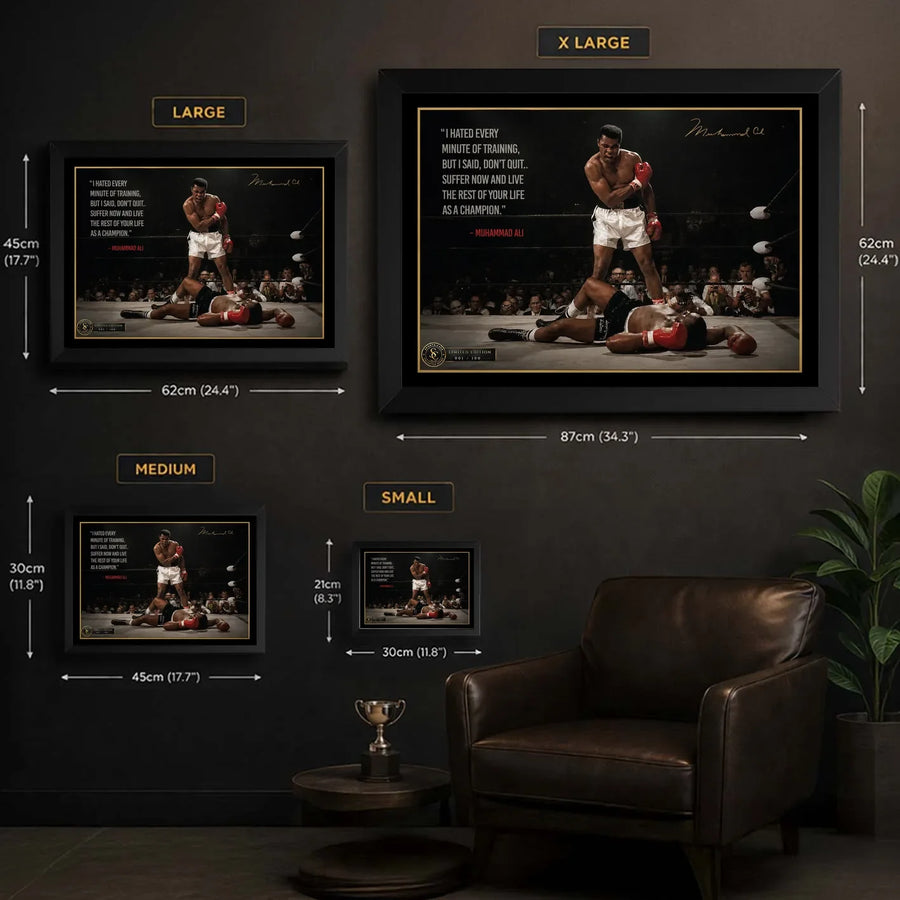 Muhammad Ali Live Like a Champion wall art size guide showing Small, Medium, Large and X Large framed options.