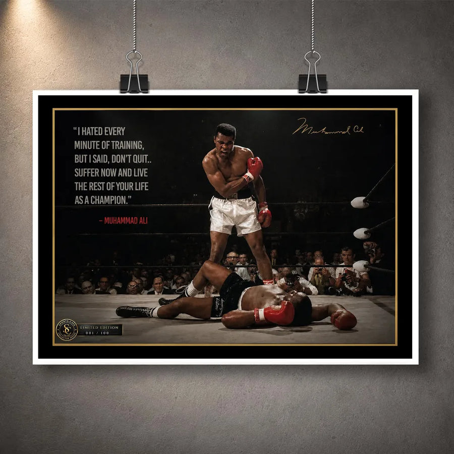 Muhammad Ali Live Like a Champion unframed sports wall art print featuring the iconic knockout scene and motivational quote.