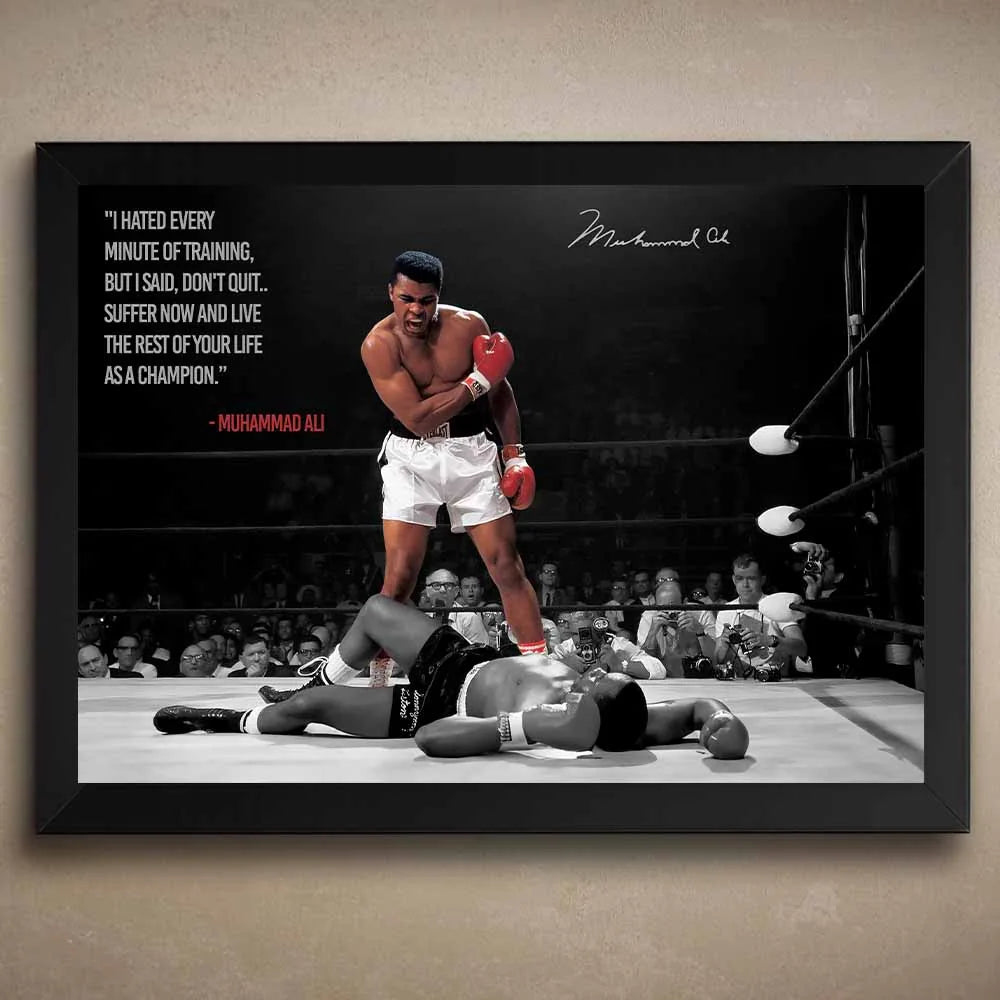 Muhammad Ali wall art with knockout quote in black frame — Sports Cave.
