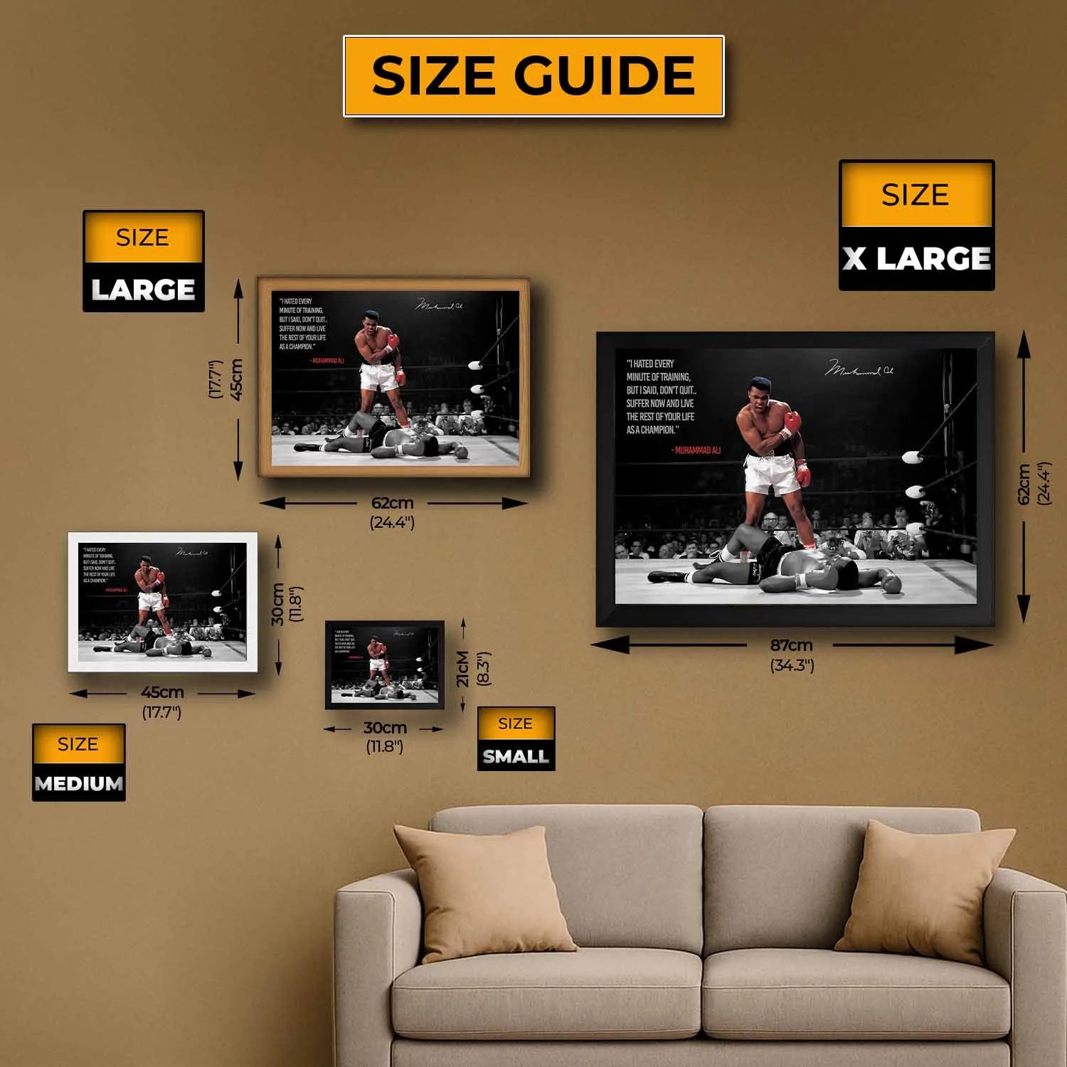 Muhammad Ali framed wall art size guide — Small to X-Large by Sports Cave