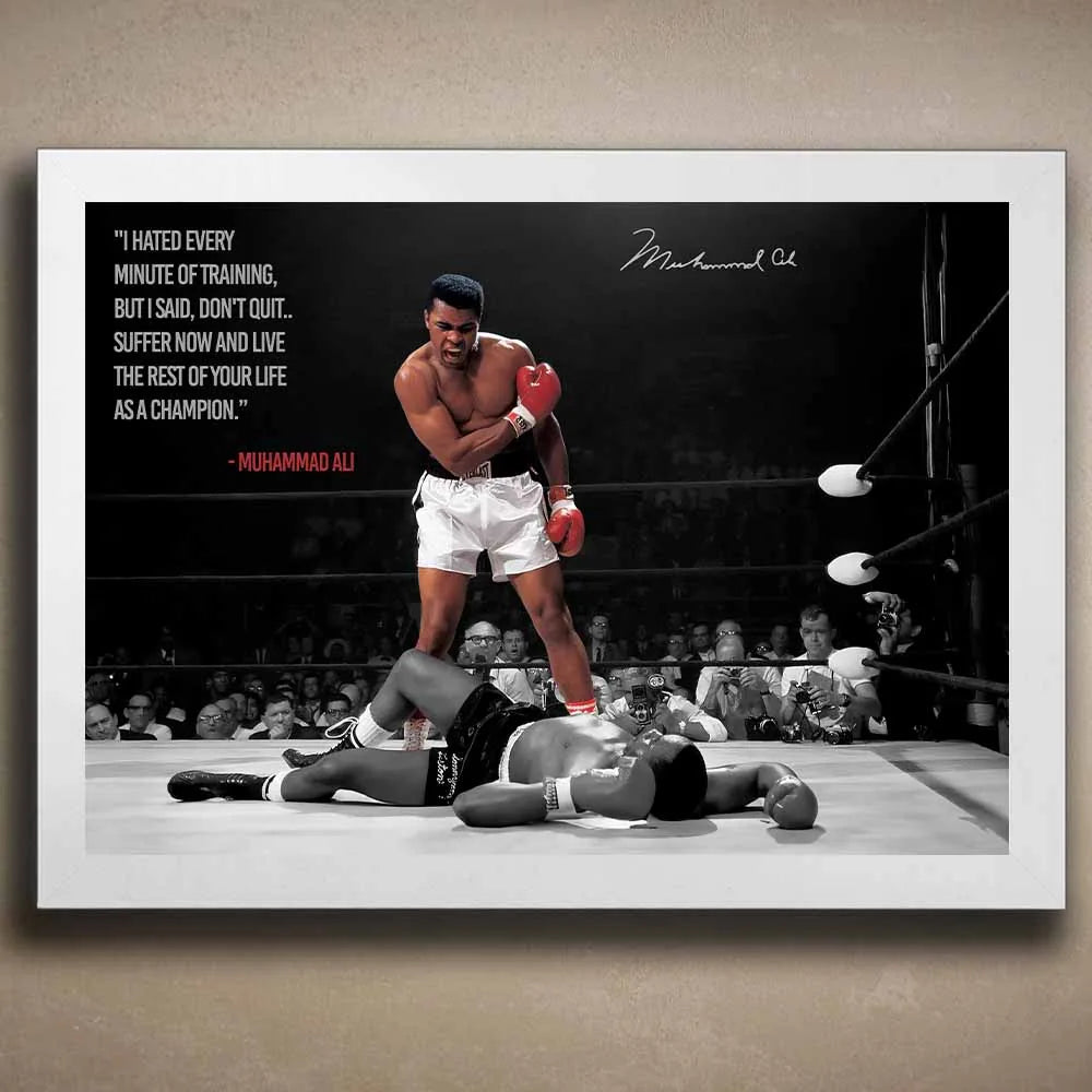 Muhammad Ali wall art with knockout quote in white frame — Sports Cave.