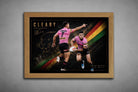 Nathan Cleary Penrith Panthers artwork in oak frame, vibrant rugby league composition, framed sports memorabilia