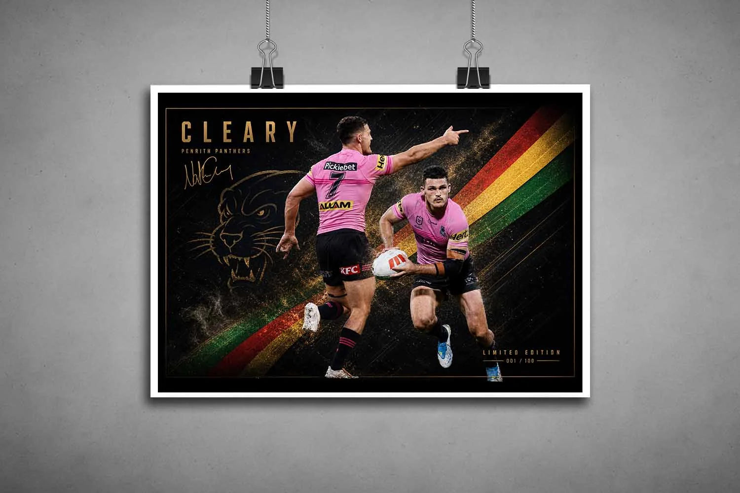Nathan Cleary Penrith Panthers unframed print with bold colors and motion, rugby league design, sports art prints