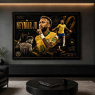 Neymar Jr Brazil framed sports art displayed in a modern man cave with dramatic lighting and sleek décor accents.