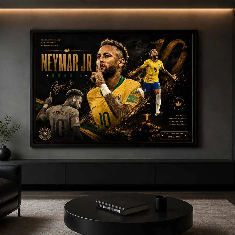 Neymar Jr Brazil framed sports art displayed in a modern man cave with dramatic lighting and sleek décor accents.