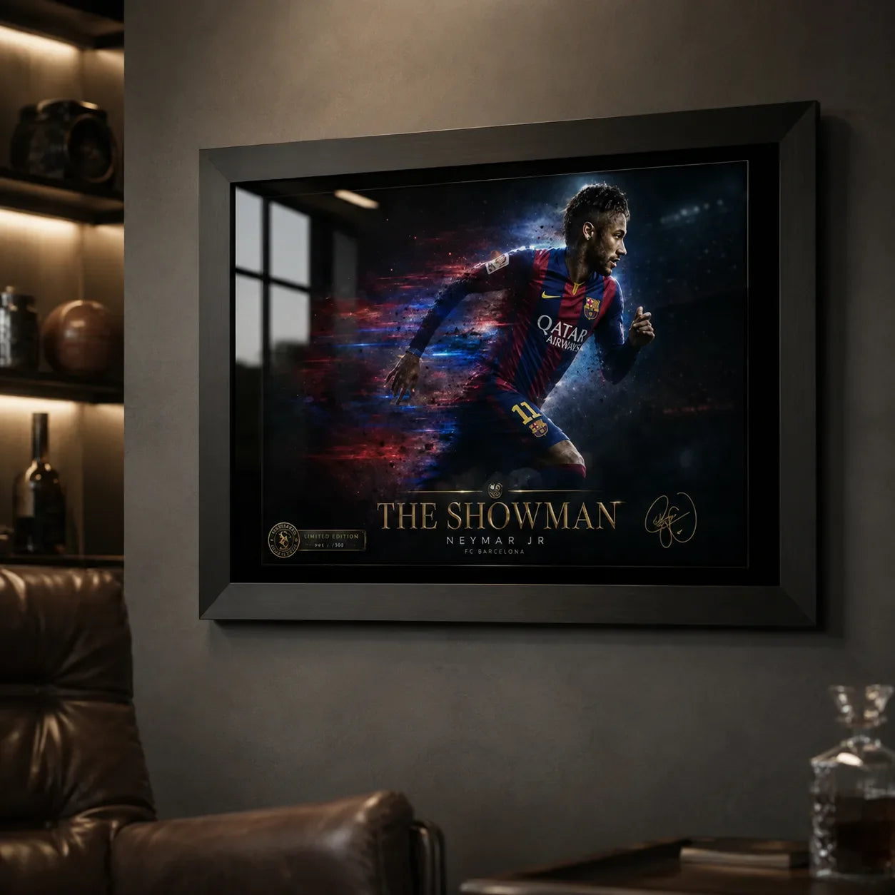 Neymar Jr Barcelona wall art in a black frame on a dark man cave wall with shelves and leather seating.