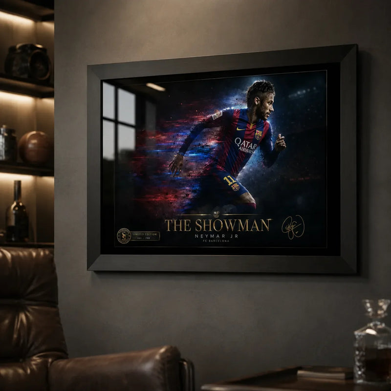Neymar Jr Barcelona wall art in a black frame on a dark man cave wall with shelves and leather seating.