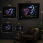 Neymar Jr Barcelona framed wall art size guide showing small, medium, large and XL frame dimensions.