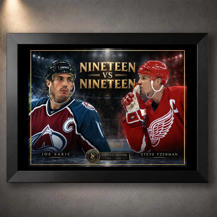Black framed Nineteen vs Nineteen Joe Sakic and Steve Yzerman hockey wall art for a collector display.