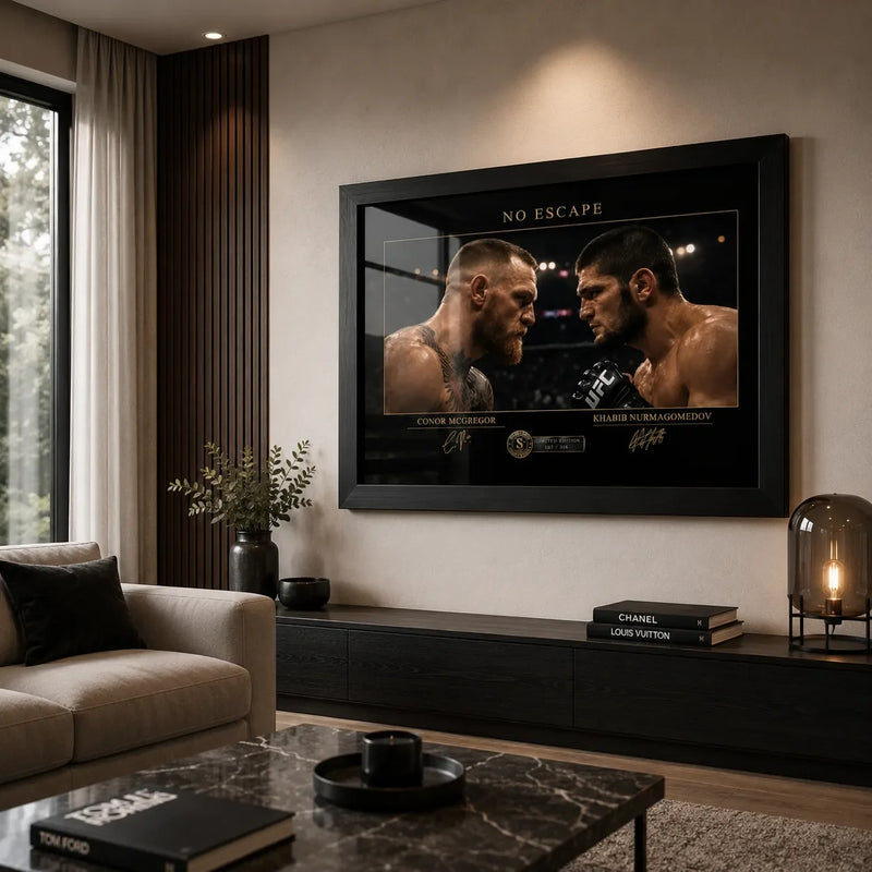 No Escape McGregor vs Khabib wall art displayed in a modern living room above a dark media console.
